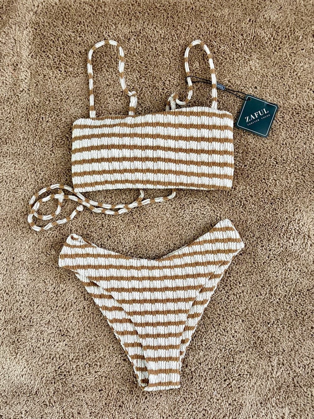 Zaful White and Tan Striped Smocked Bikini Set